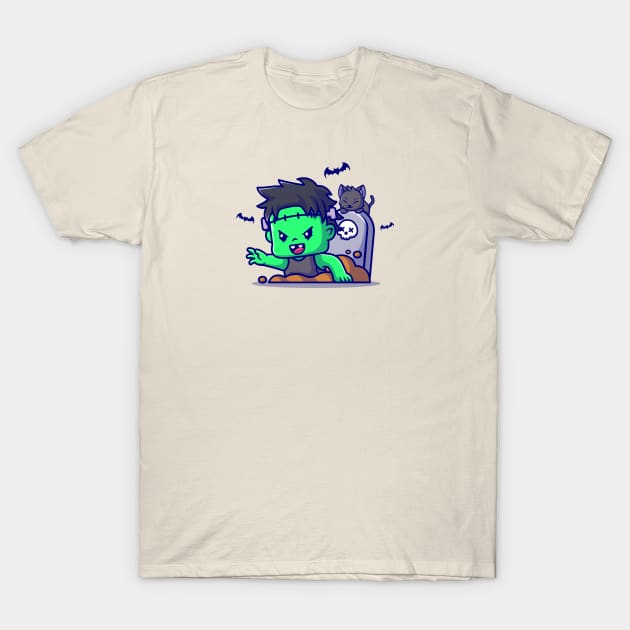Cute Zombie Frankenstein From The Grave Cartoon T-Shirt by Catalyst Labs